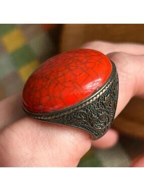 Chunky Red Statement Ring Brass Vintage Bold Stone Size 7.5